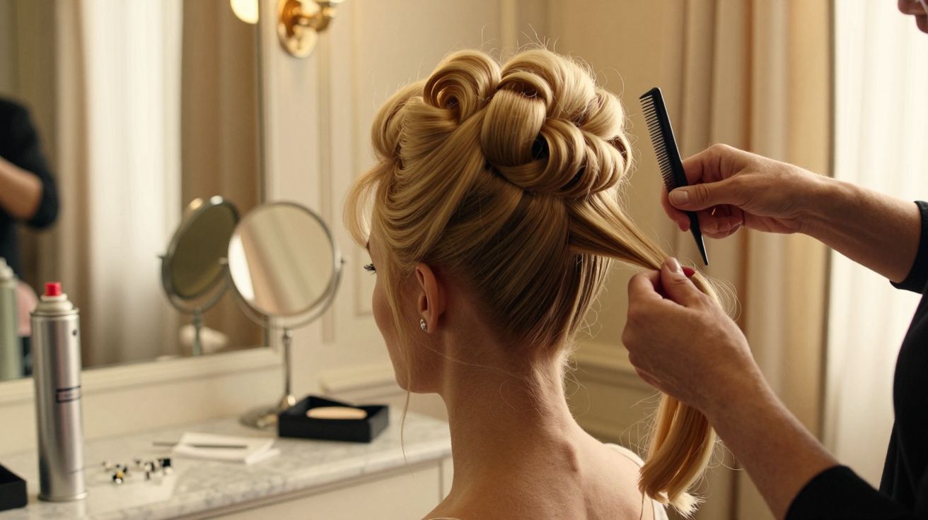 Cabeleireiro estiliza cabelo loiro com pente e spray num salão elegante com espelho.