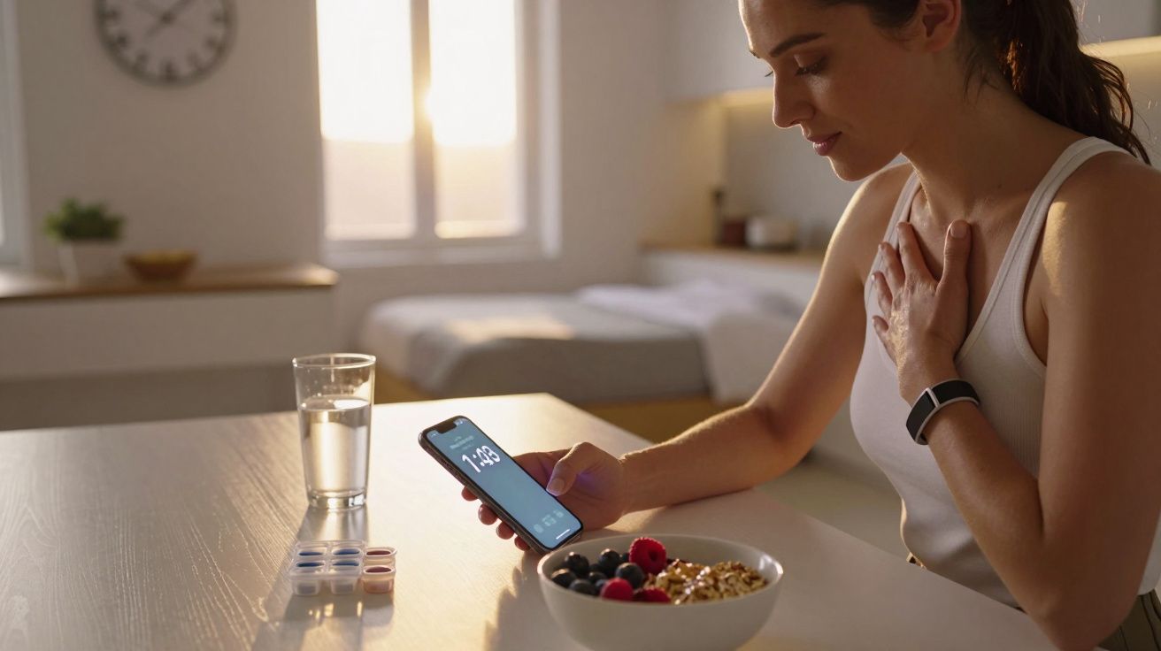 Mulher com smartphone na mão, sentada à mesa com taça de frutas e copo de água.