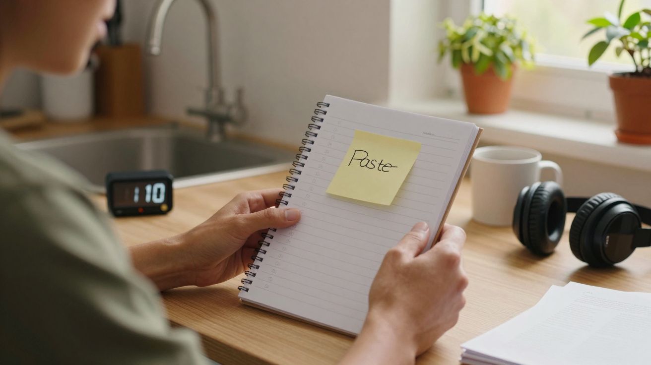 Pessoa segura caderno com post-it "Pastel", mesa com fones, relógio e plantas ao fundo.
