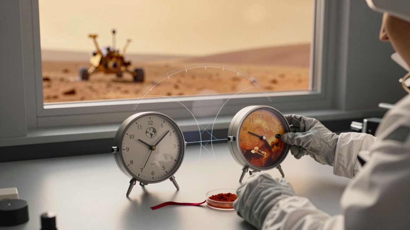 Cientista ajusta relógios, um terrestre e outro marciano, numa mesa com amostra de solo, vendo um robô em Marte pela janela.