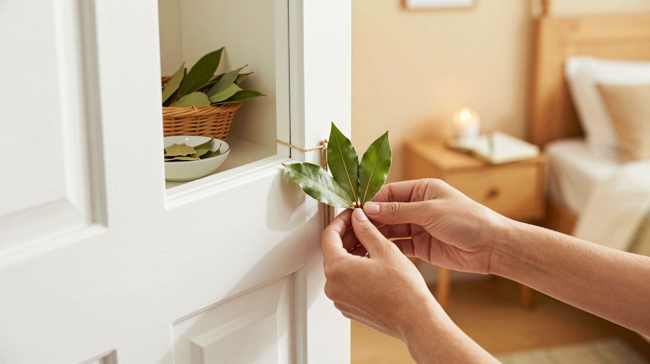 Mãos a colocar folhas de louro numa porta branca, interior de quarto ao fundo com uma vela acesa.