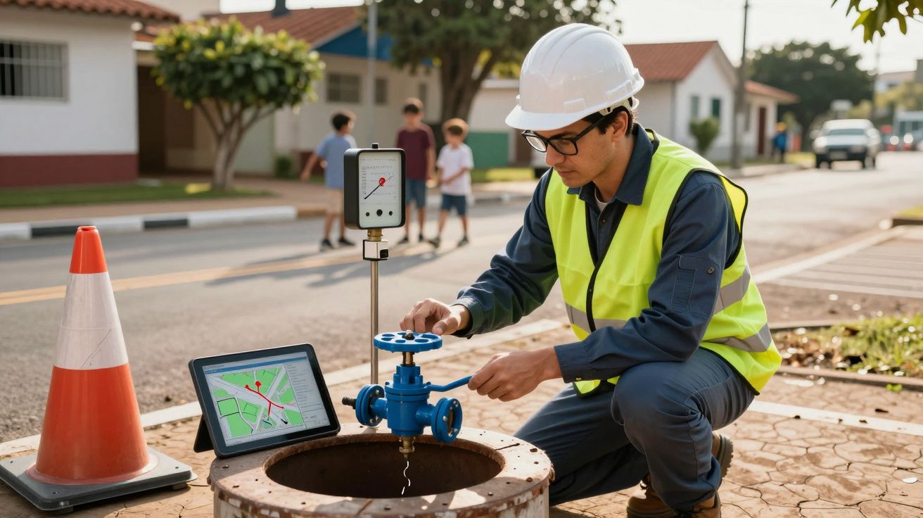 Engenheiro ajusta válvula de água em rua residencial com capacete e colete, utilizando tablet para monitorização.