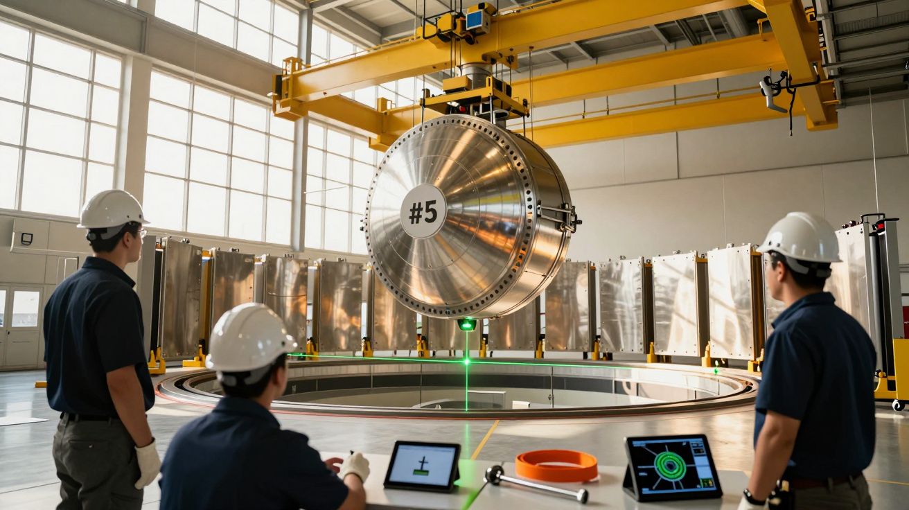 Trabalhadores em fábrica observam grande peça metálica suspensa por grua num ambiente industrial, usando capacetes e tablets.