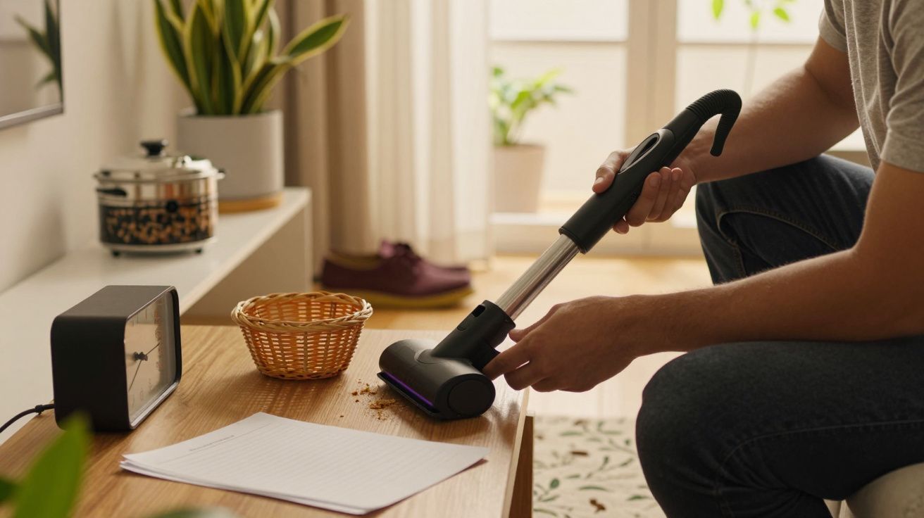 Pessoa a aspirar migalhas de uma mesa de madeira com um aspirador portátil numa sala bem iluminada.