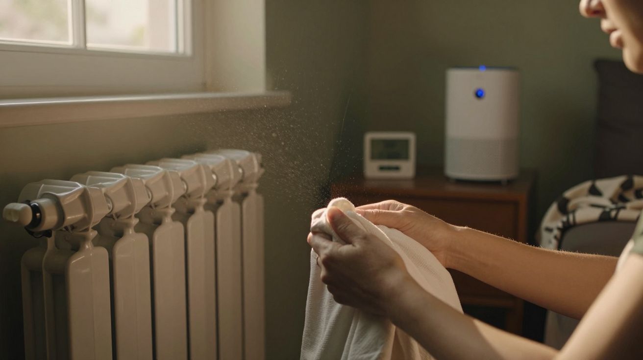Pessoa usando pano ao lado de um aquecedor, com um humidificador em segundo plano.