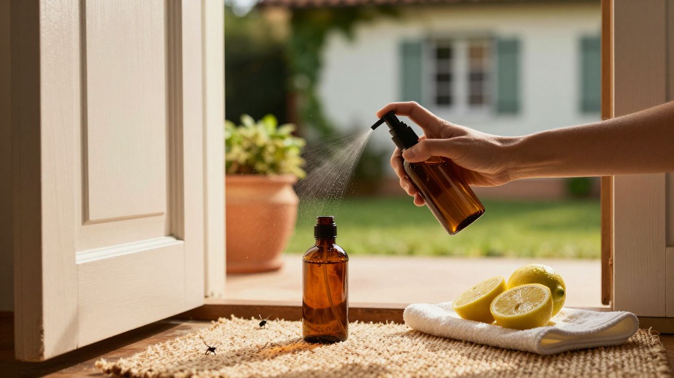 Mão a borrifar líquido de um frasco para outro, com limões e toalha ao lado, próximo a uma janela aberta.