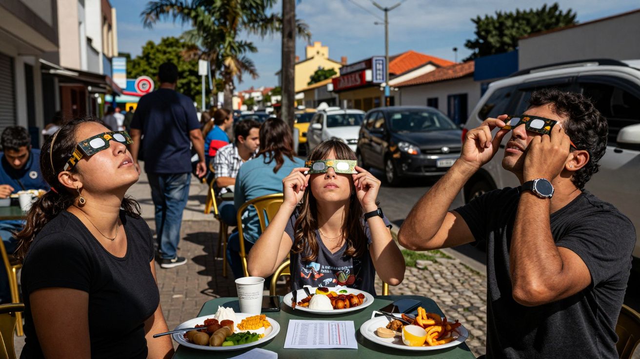 Pessoas com óculos especiais observam o céu numa esplanada, com comida em pratos, durante o dia.