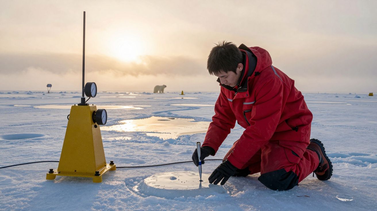 Cientista em roupa vermelha perfura gelo no Ártico para medições, com urso polar ao fundo e sol nascente.