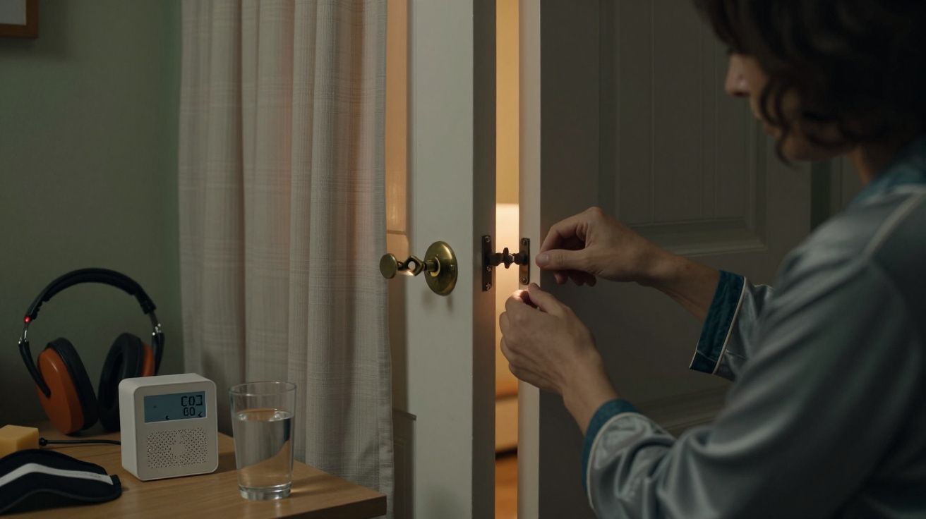 Pessoa tranca porta de madeira. Na mesa, um copo de água, auscultadores e um despertador digital ao lado de uma máscara de do