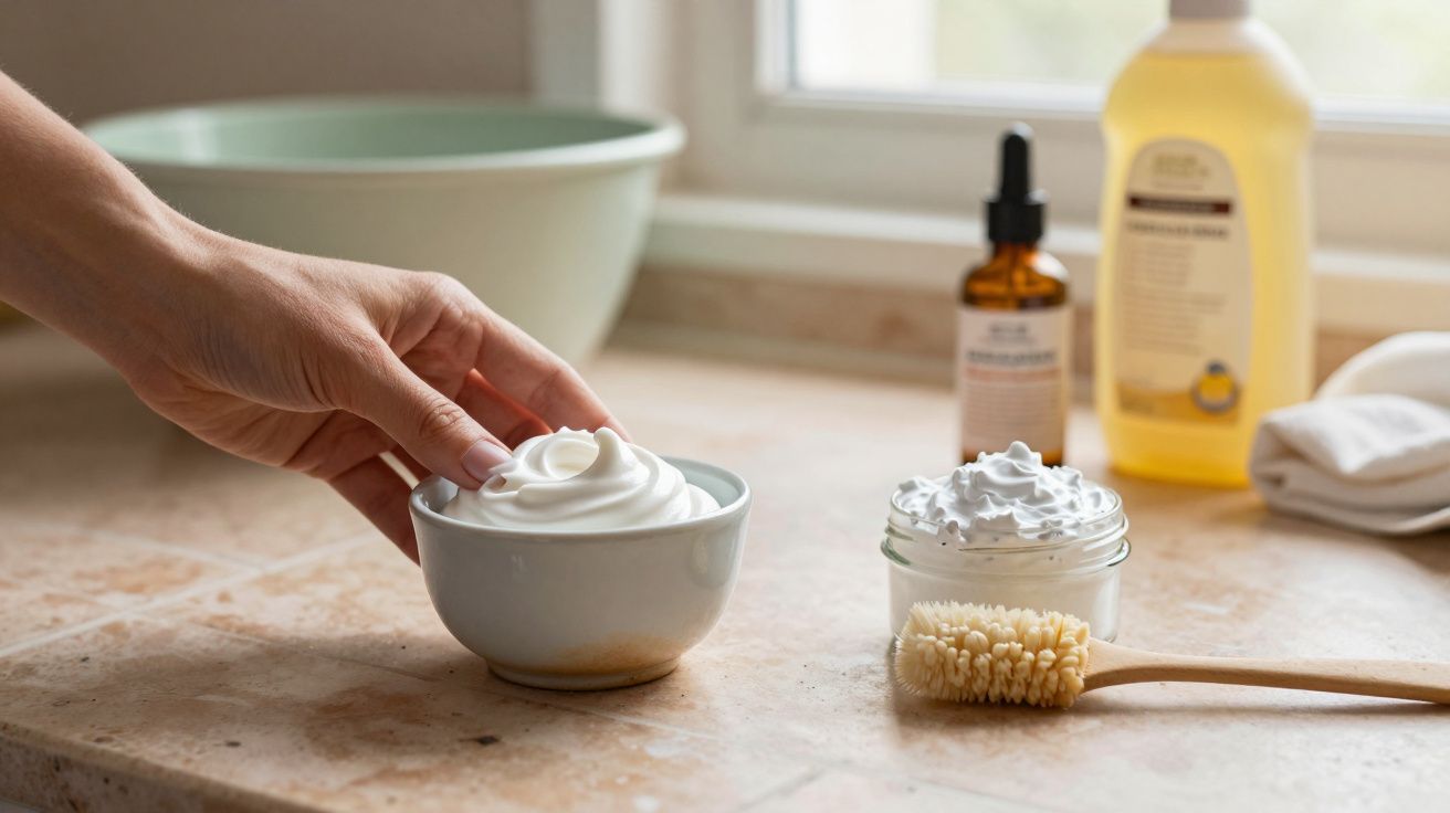 Mão segurando uma taça com creme, frascos e escova sobre bancada de mármore, numa casa de banho.