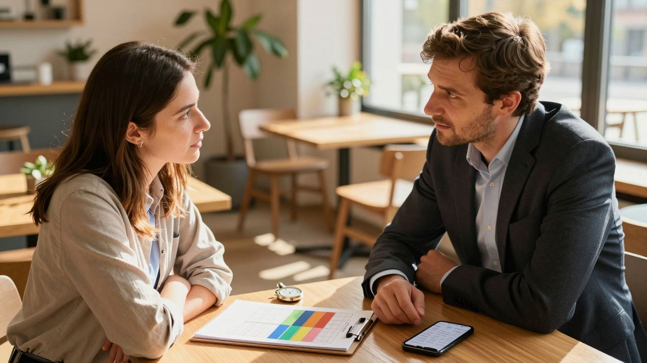 Homem e mulher a conversar num café, com documentos e telemóvel sobre a mesa.