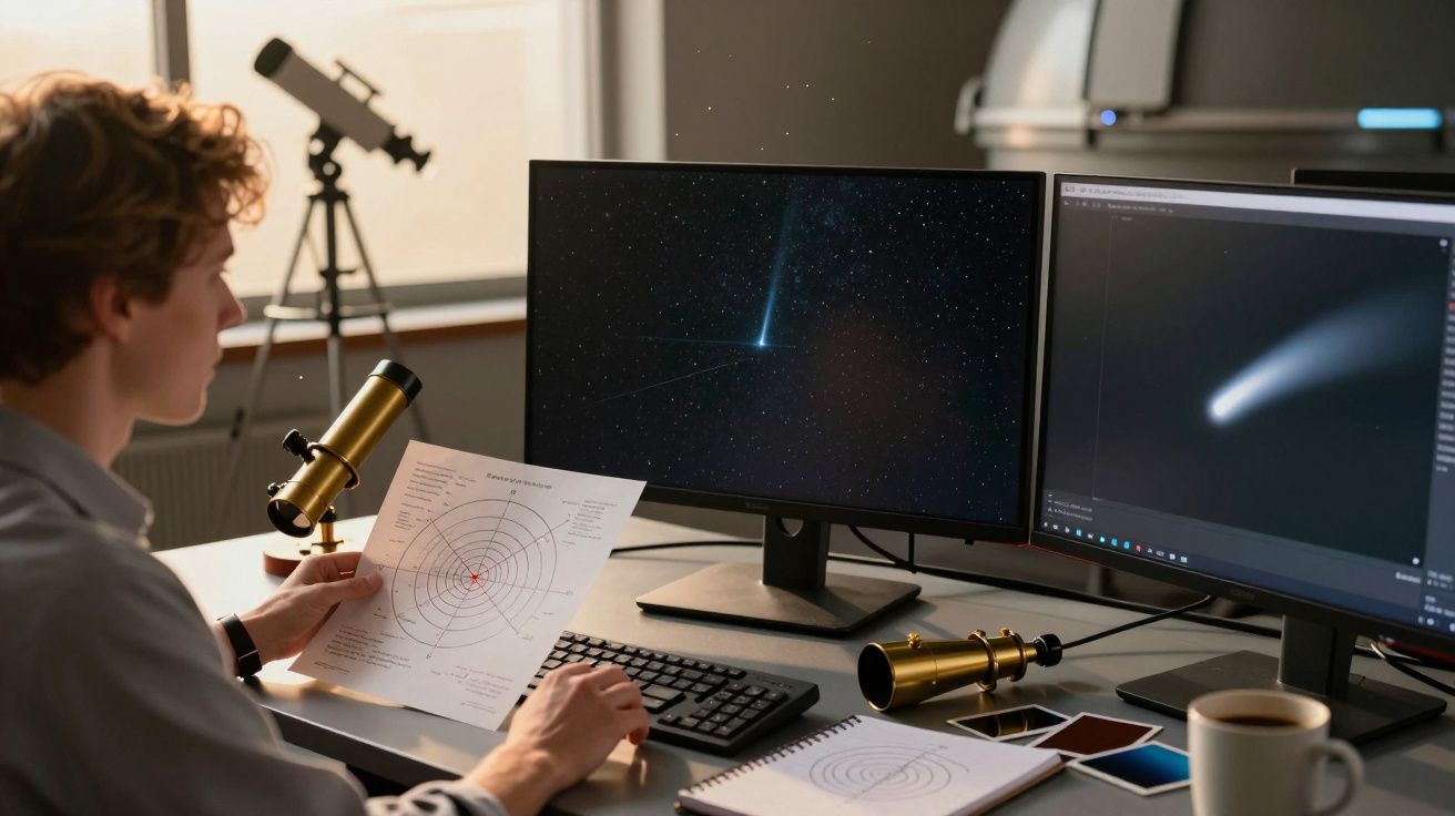 Homem analisa imagens de telescópio e gráficos astronómicos num escritório com computadores e telescópio pequeno.