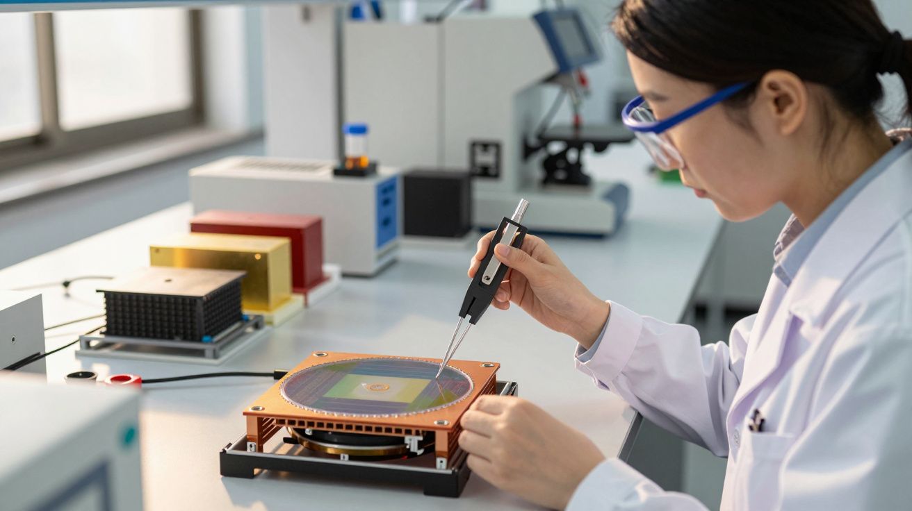 Cientista em laboratório usando equipamento técnico para manipular um dispositivo com precisão, vestindo bata branca e óculos