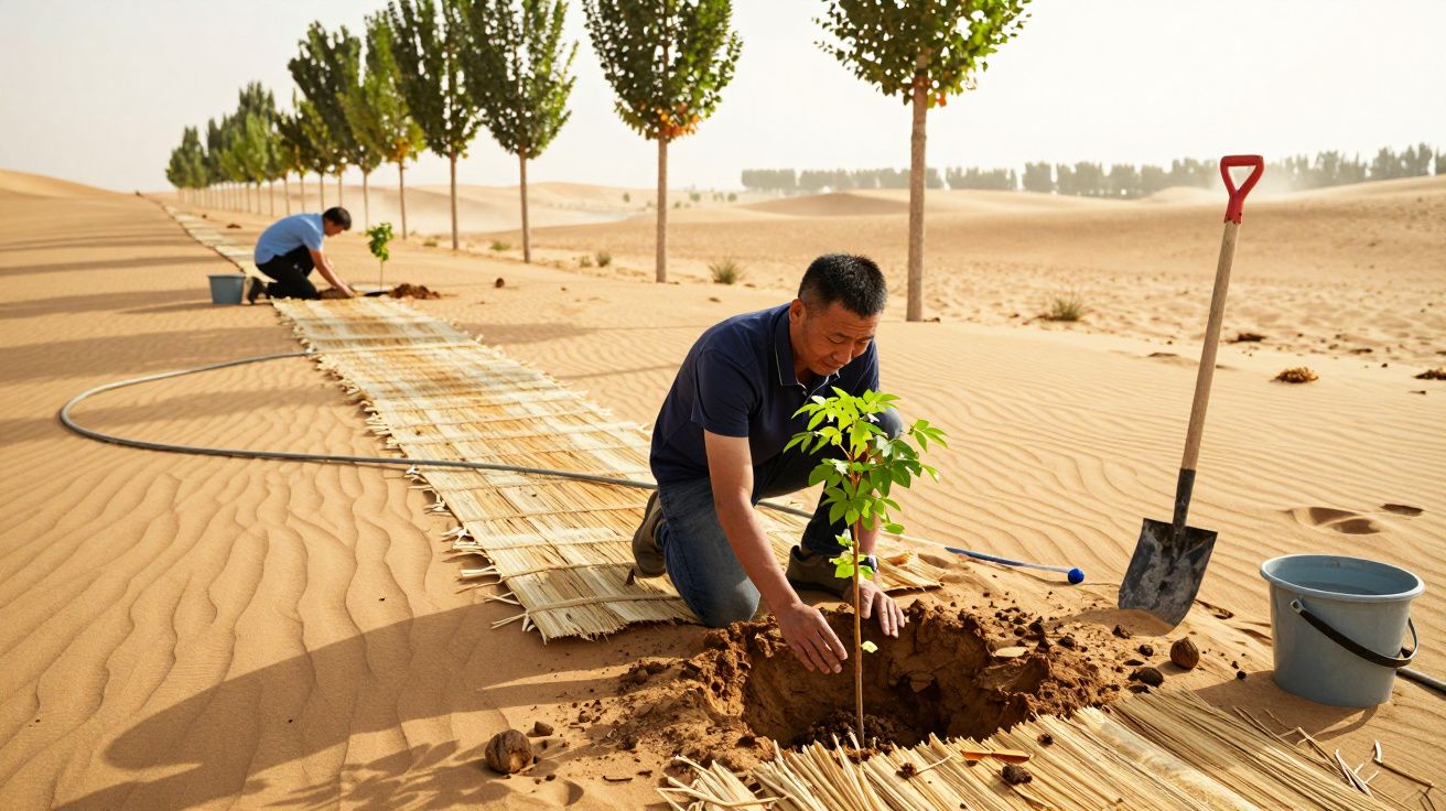 Homens plantam árvores em filas no deserto, com pás e baldes ao lado.