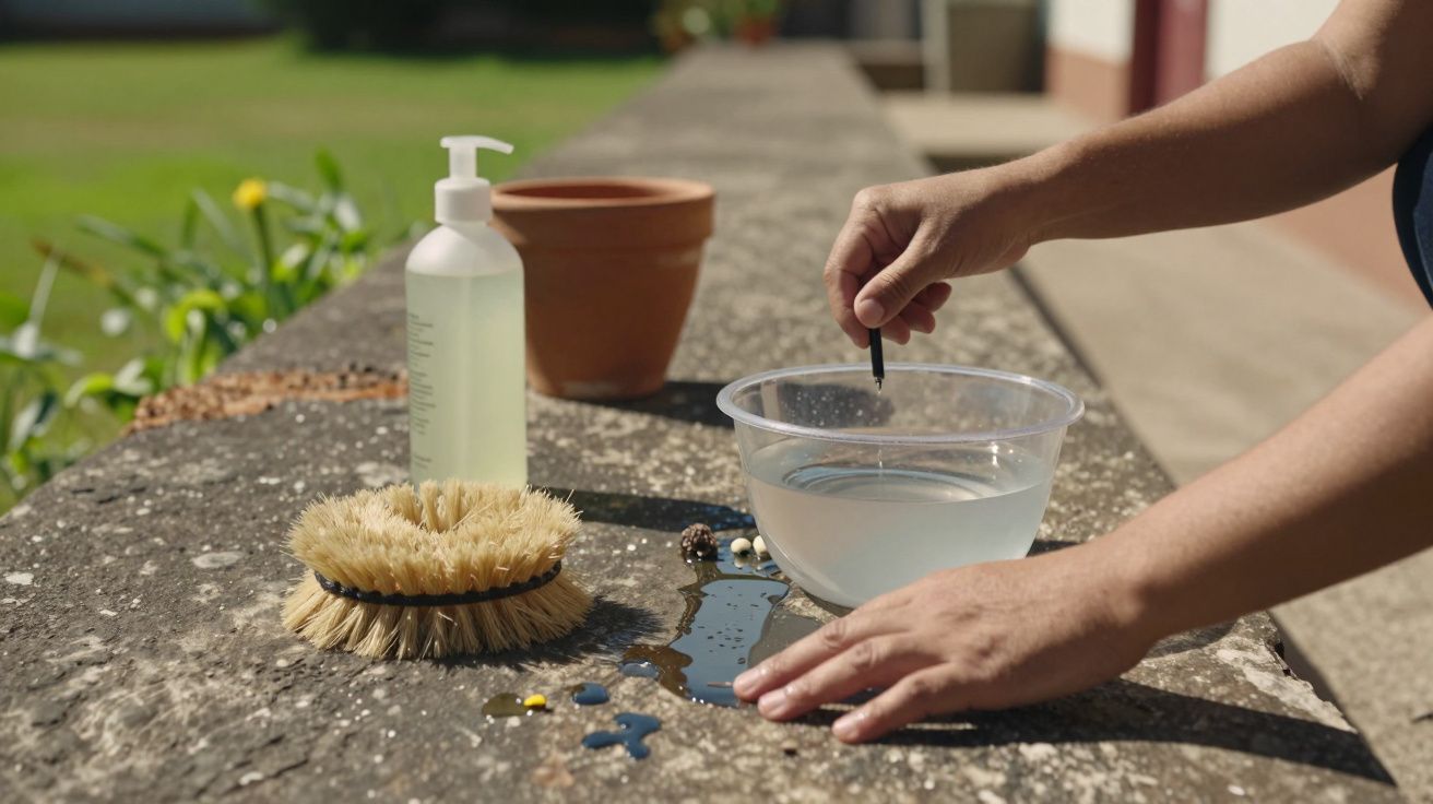 Mãos a limpar botão em tigela com água, perto de escova, pote e sabonete numa superfície de pedra ao ar livre.