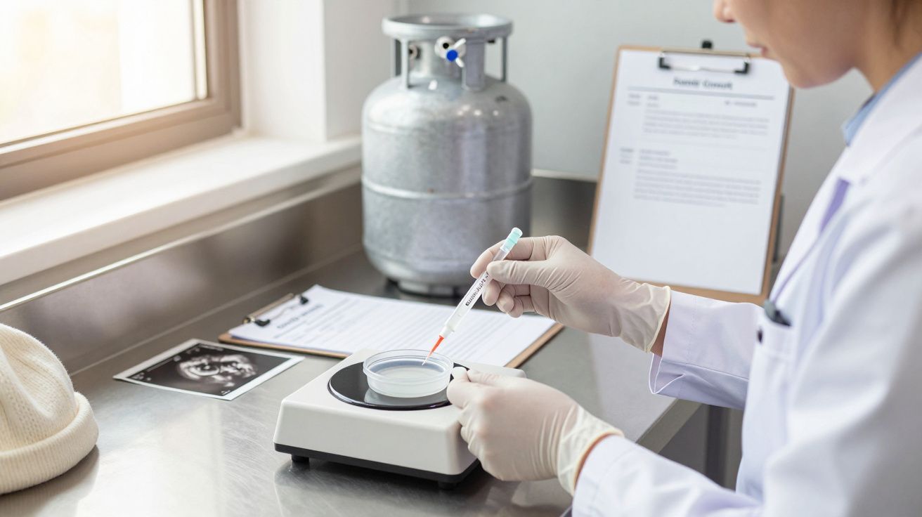 Cientista com luvas manuseia pipeta em laboratório, ao lado de clipboard e tanque metálico.