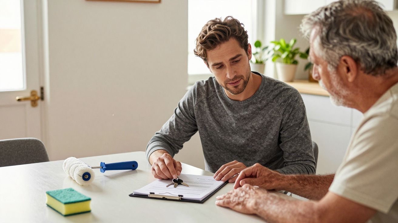 Homem jovem e homem mais velho analisam documentos juntos numa mesa, com objetos de escritório ao redor.