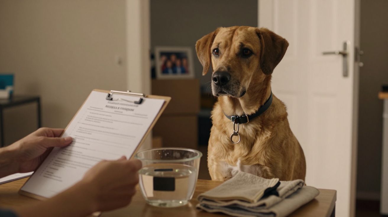 Cão sentado à mesa, olhando atentamente para uma pessoa que segura um bloco de notas, com um copo de água ao lado.