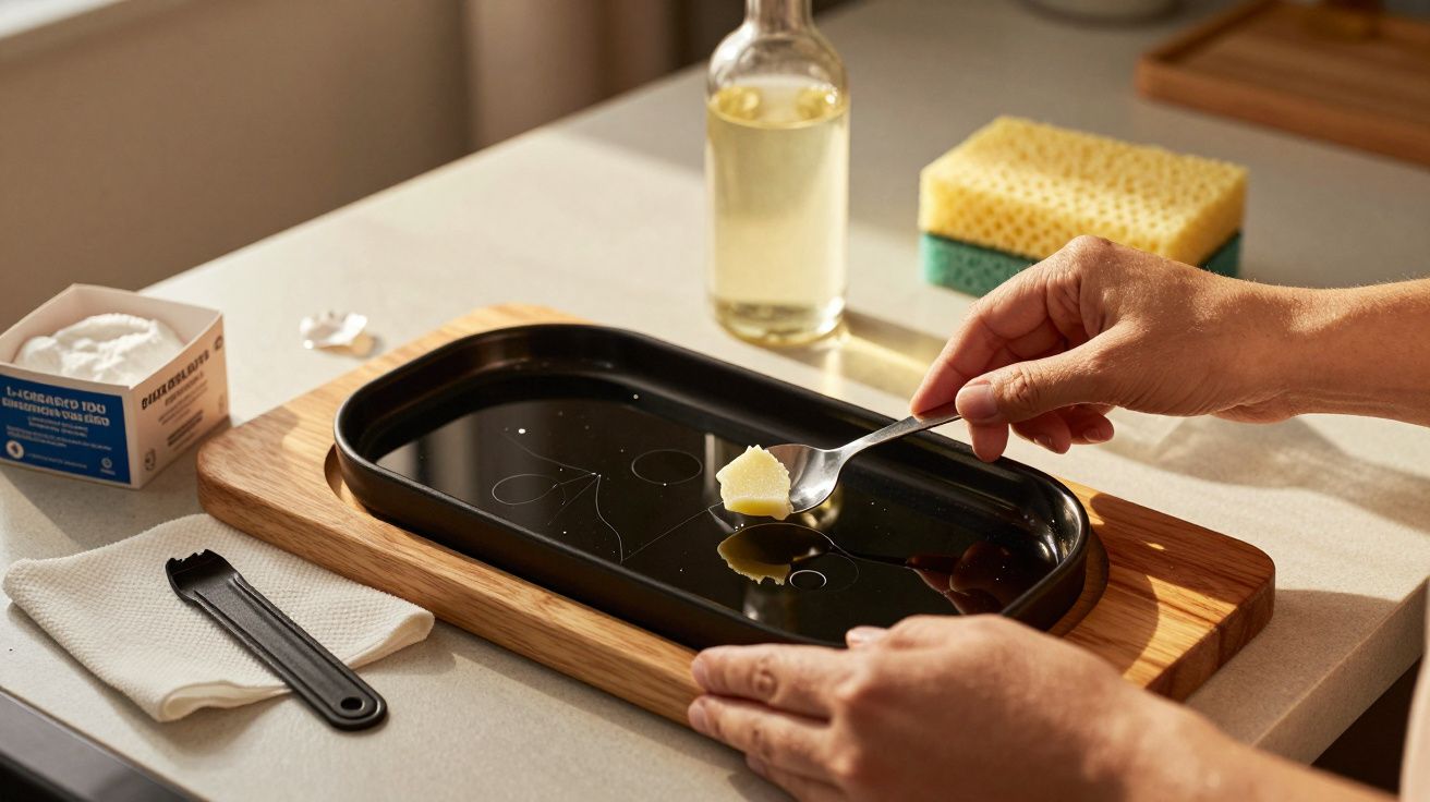 Mãos colocando manteiga numa frigideira com óleo; ao fundo, esponja, garrafa e caixa de bicarbonato no balcão.