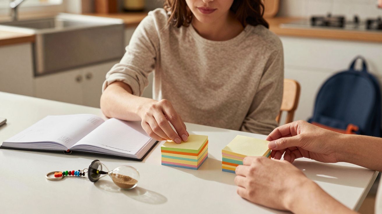 Duas pessoas organizam notas adesivas coloridas numa mesa; ao lado, um bloco e uma ampulheta.