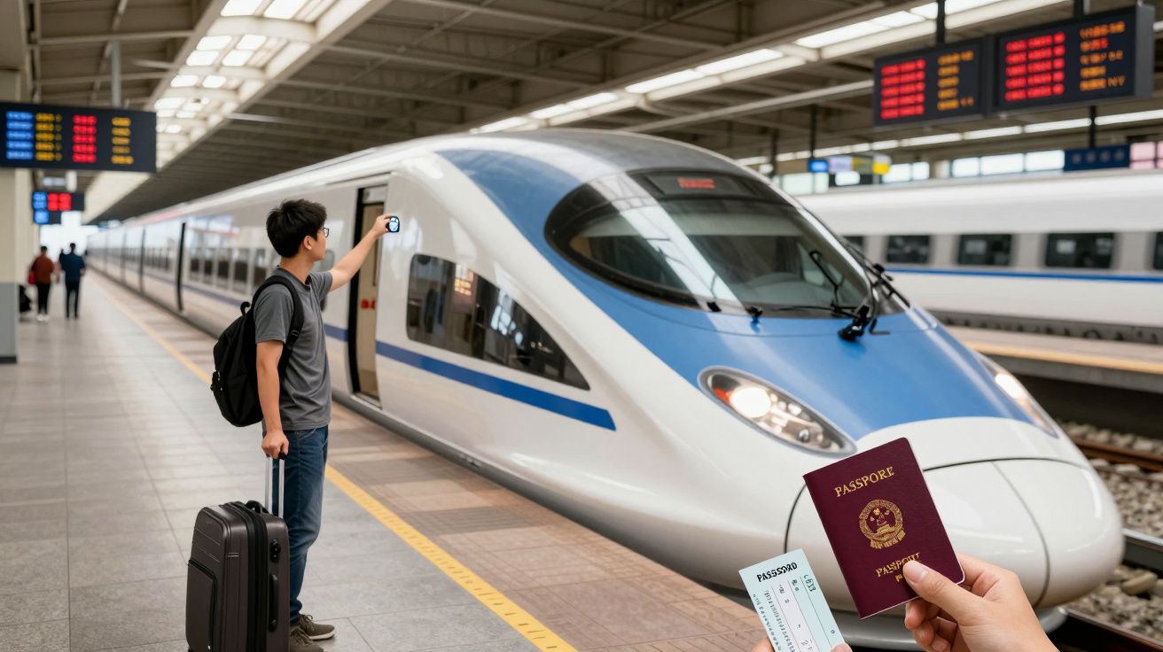 Homem na plataforma de comboio de alta velocidade, segurando mala; próximo ao comboio branco e azul. Mão com passaporte.