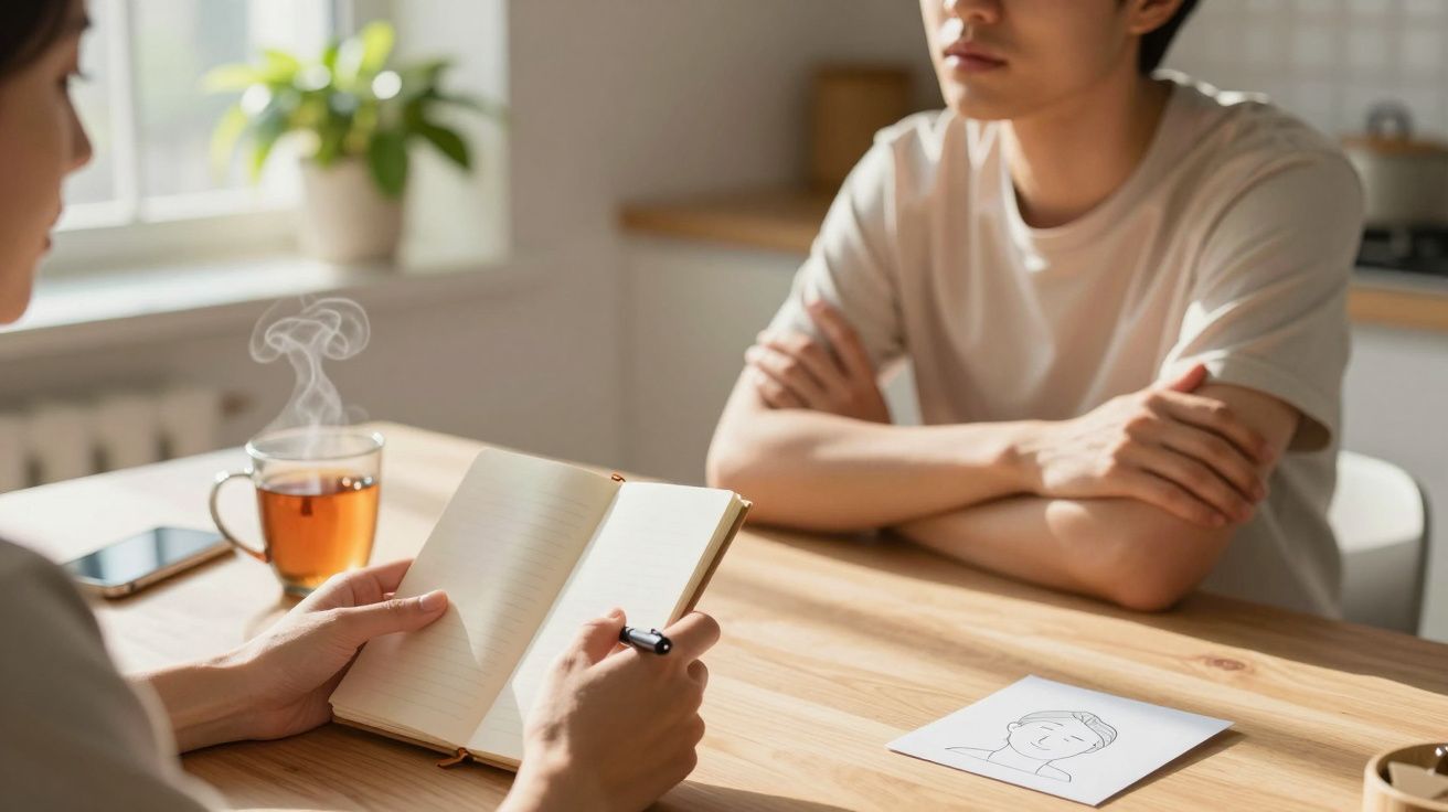 Duas pessoas conversam à mesa, uma toma notas num caderno; um chá e um desenho estão sobre a mesa.