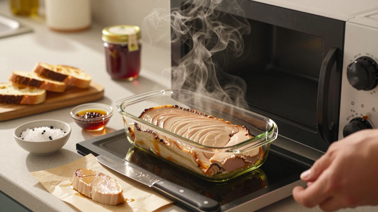 Travessa de vidro com prato cozinhado a cozinhar no micro-ondas. Ao lado, fatias de pão e condimentos na bancada.