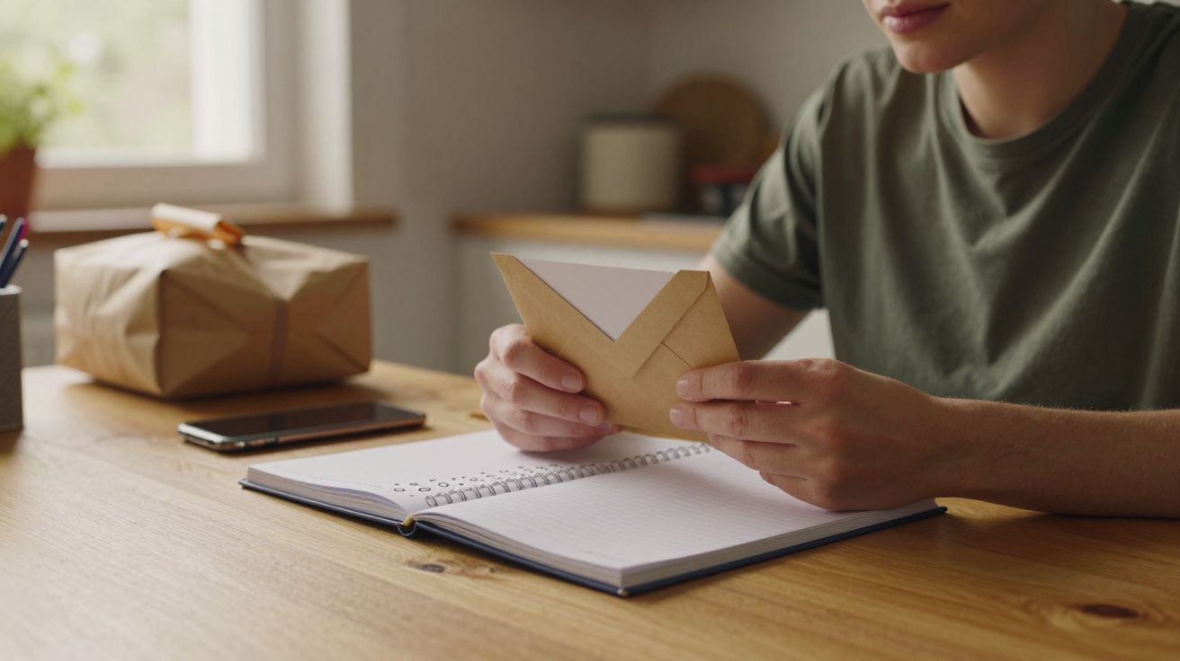 Pessoa a abrir um envelope sobre um caderno numa mesa, com uma caixa e um telemóvel ao lado.
