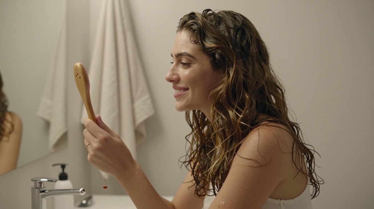 Mulher sorridente no banheiro segurando uma escova facial, com toalha pendurada ao fundo.