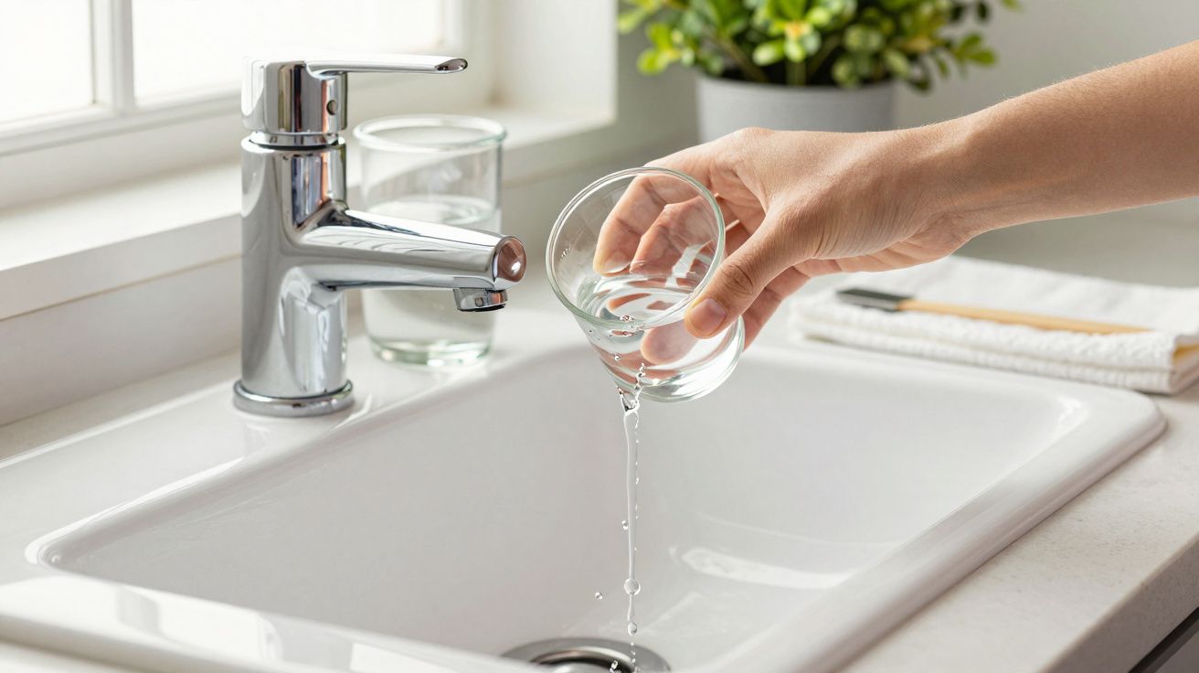 Mão despejando água de um copo num lavatório de cozinha, com torneira cromada e planta no fundo.