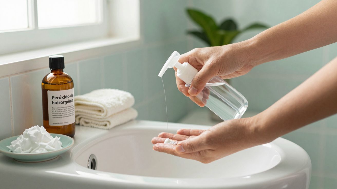 Mãos utilizando dispensador de sabão líquido junto a lavatório com toalhas e frasco de peróxido de hidrogénio.