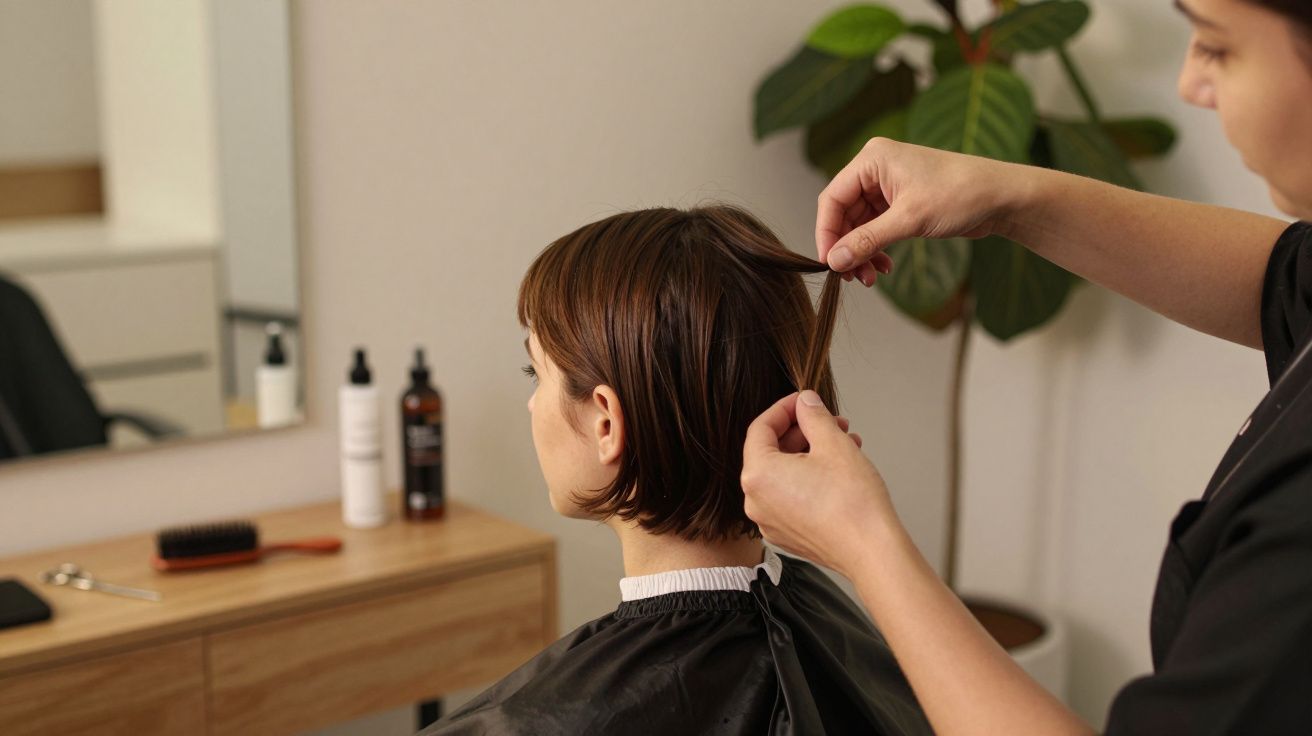 Cabeleireiro ajusta o corte de cabelo curto de uma mulher sentada numa cadeira em frente a um espelho.