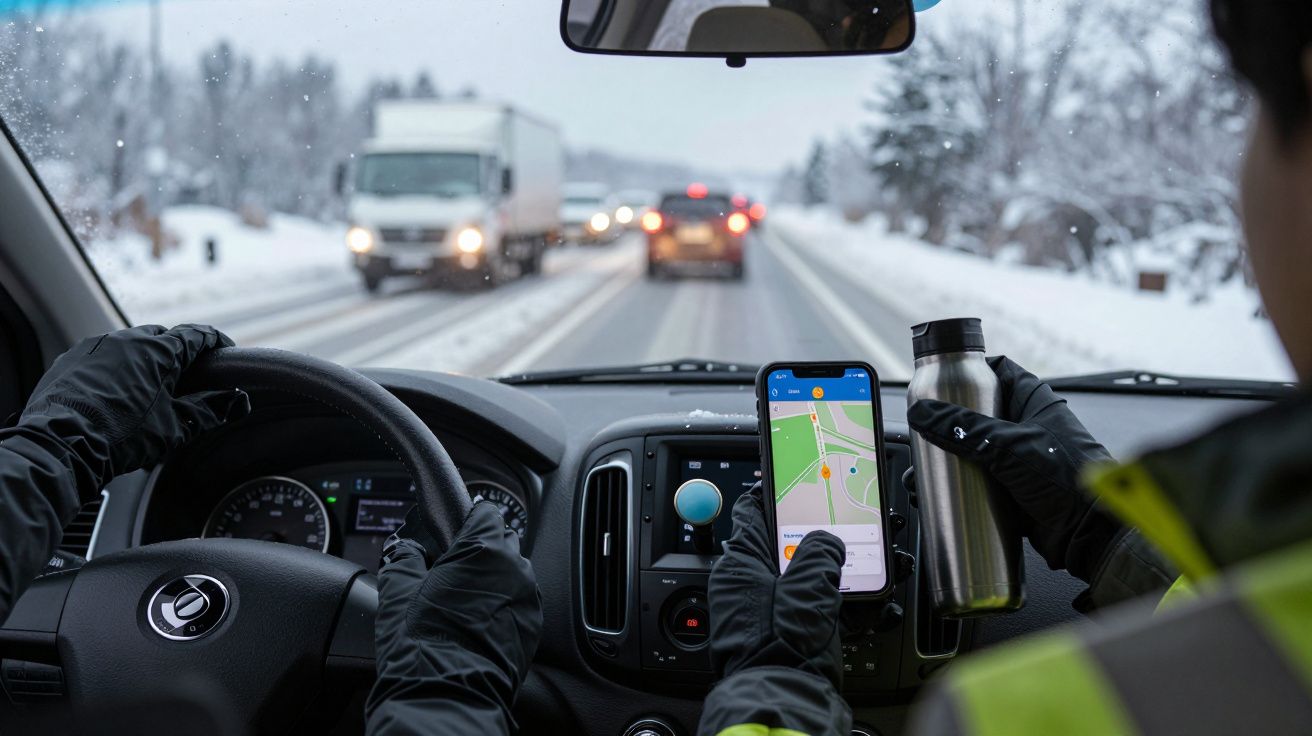 Condução em estrada nevada, pessoa segura telemóvel com mapa e copo térmico, veículos à frente.