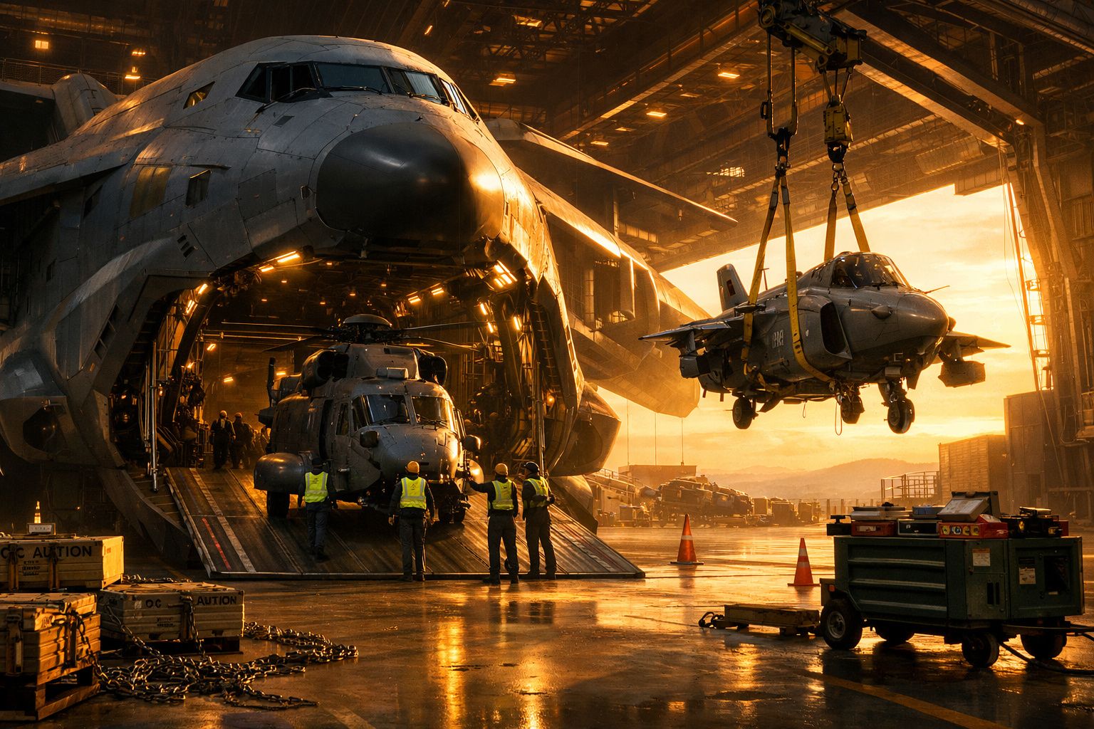 Dois homens de colete refletor junto de um avião de carga com hélice aberta e helicóptero ao lado, num hangar.