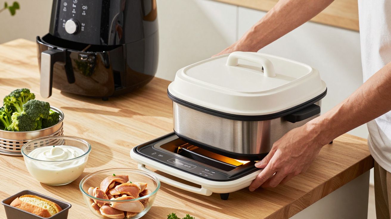 Pessoa a utilizar uma panela elétrica na bancada da cozinha, com alimentos e fritadeira ao lado.