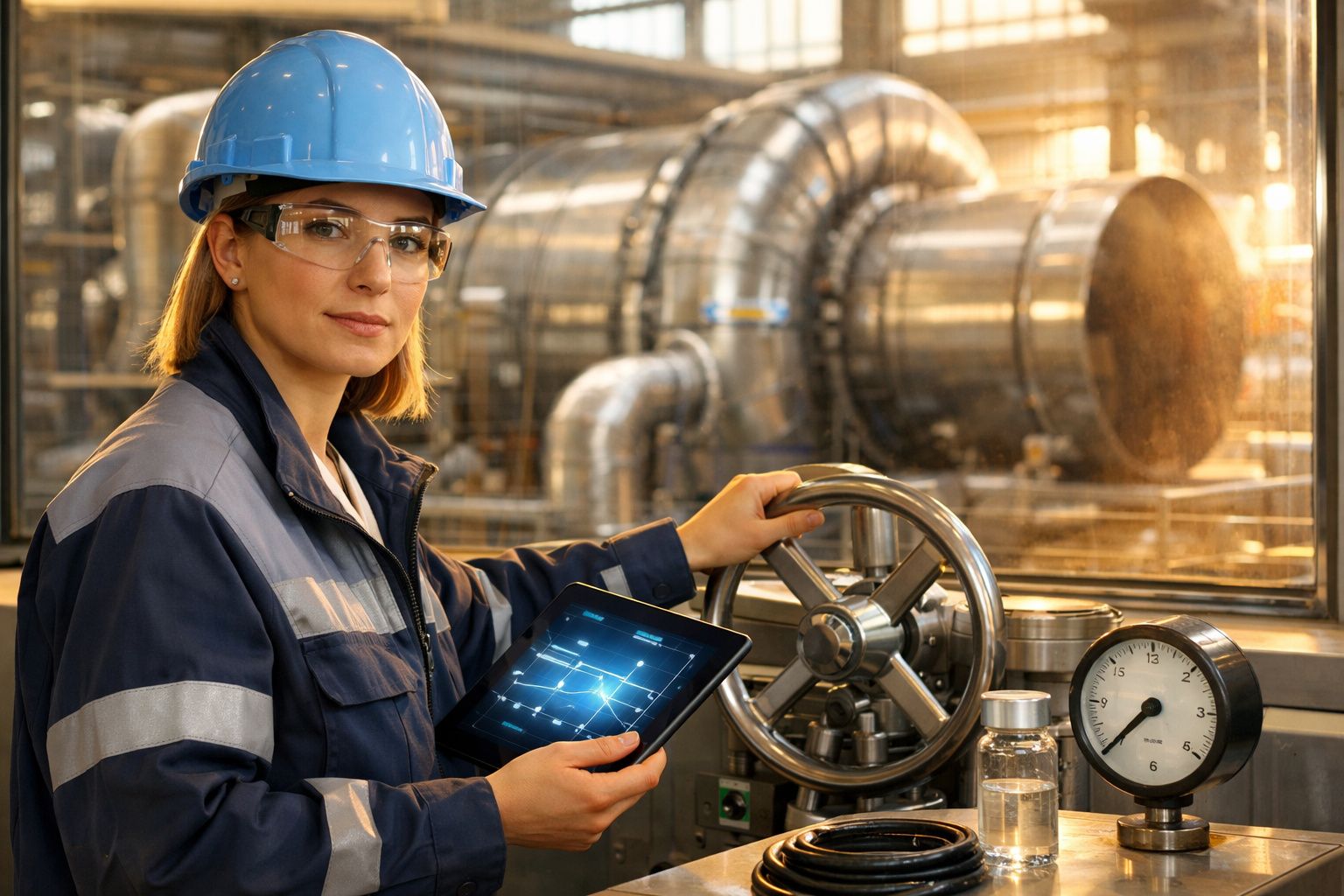 Técnico inspeciona turbina industrial com capacete e laptop num ambiente de fábrica, verificando equipamento.