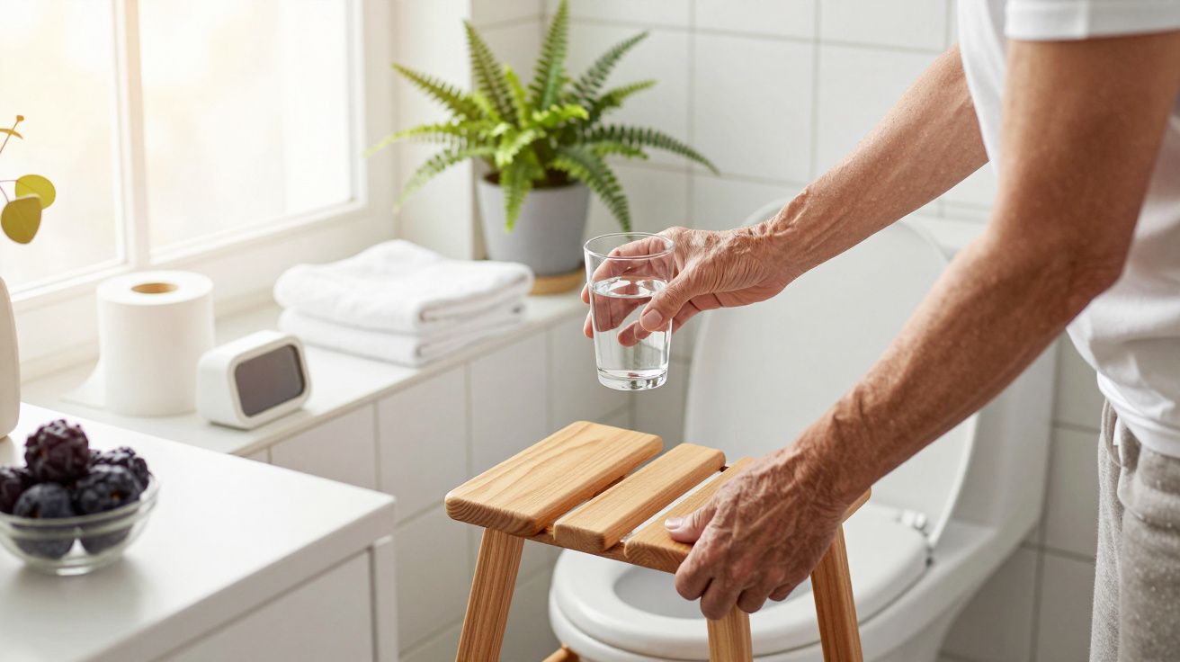 Pessoa coloca um copo de água sobre um banco de madeira numa casa de banho com toalhas, vaso sanitário e planta.