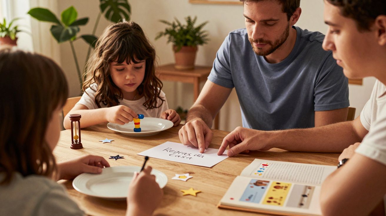 Família junta à mesa a discutir regras da casa, com blocos de construção e livro aberto.