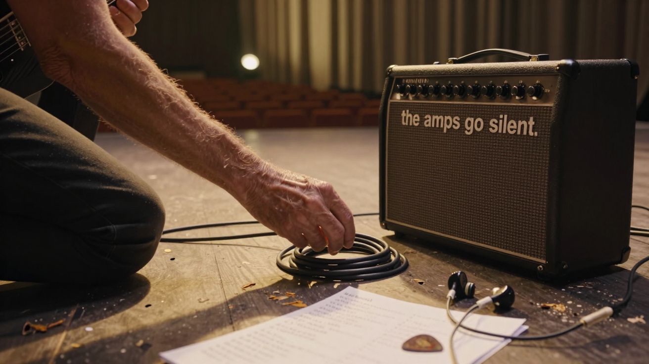 Mão a enrolar cabo junto a amplificador com texto "the amps go silent", folhas de papel e auriculares no chão.