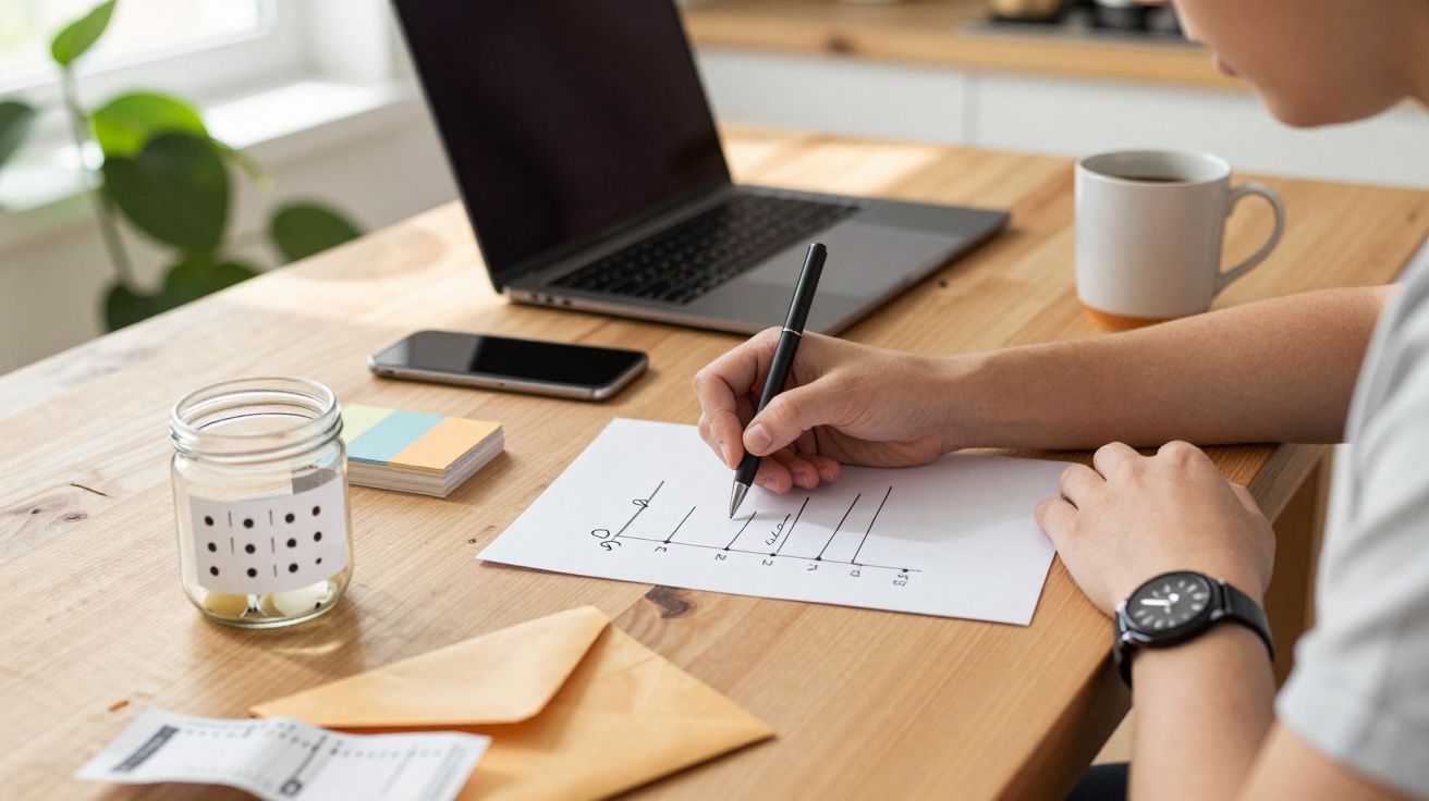 Pessoa escreve em gráfico numa mesa com portátil, telemóvel, chávena e jarro.