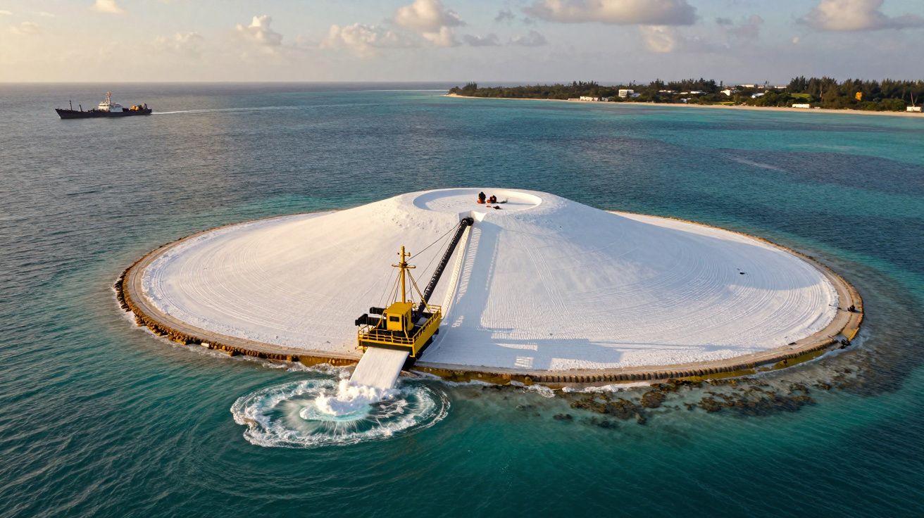 Montanha artificial de areia branca no mar, com guindaste ao centro e navio ao fundo.