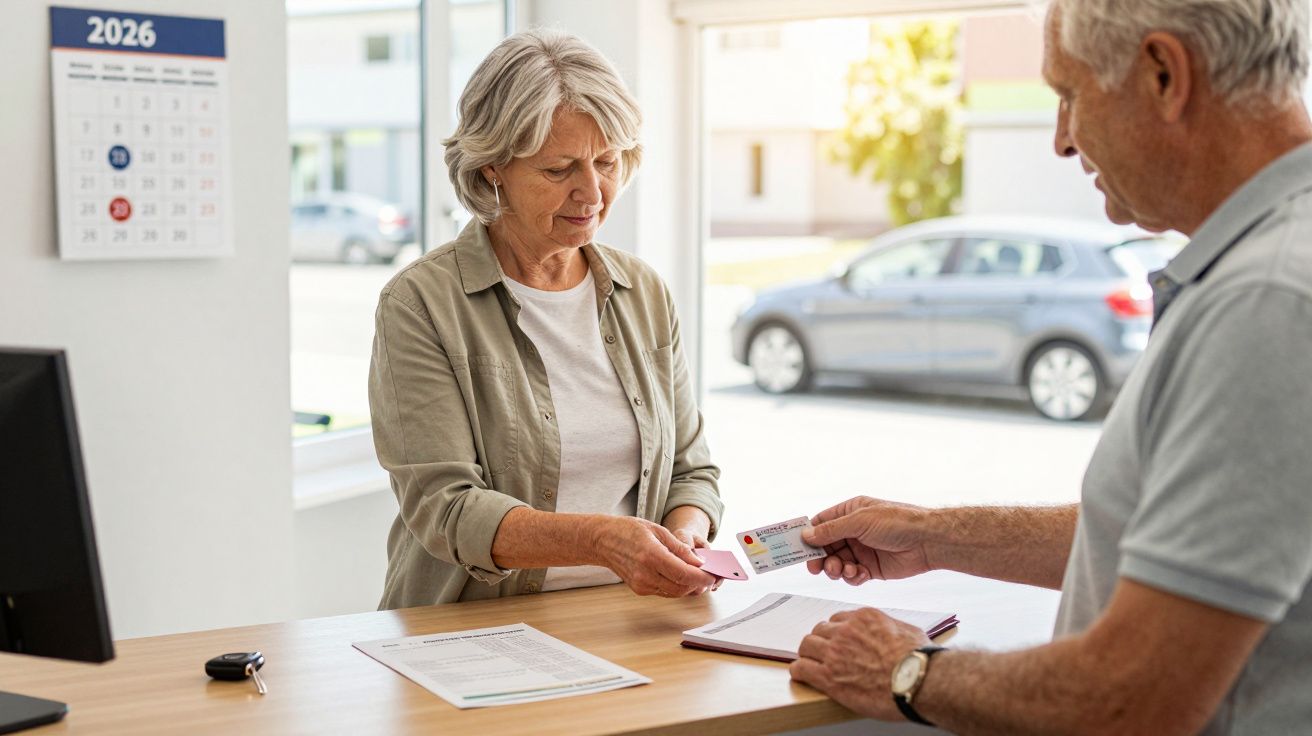 Mulher a receber documento de identificação de um homem num balcão. Calendário de 2026 ao fundo.