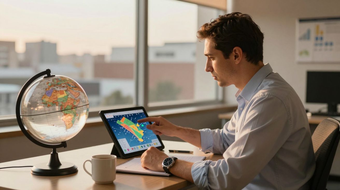 Homem numa secretária usa tablet com mapa enquanto consulta um globo; caneca e janela ao fundo.