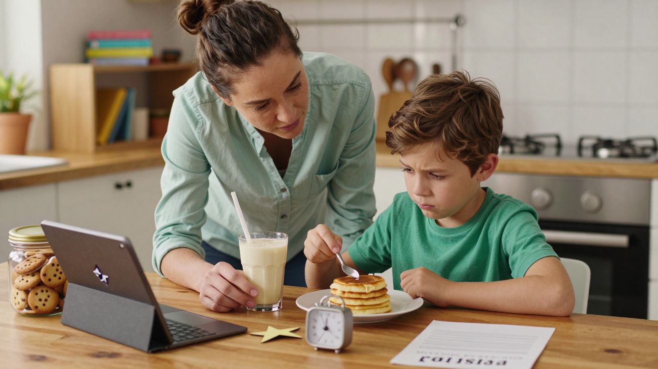 Mulher e criança na cozinha, com tablet, copo de leite e prato de panquecas. Criança aparenta estar preocupada.