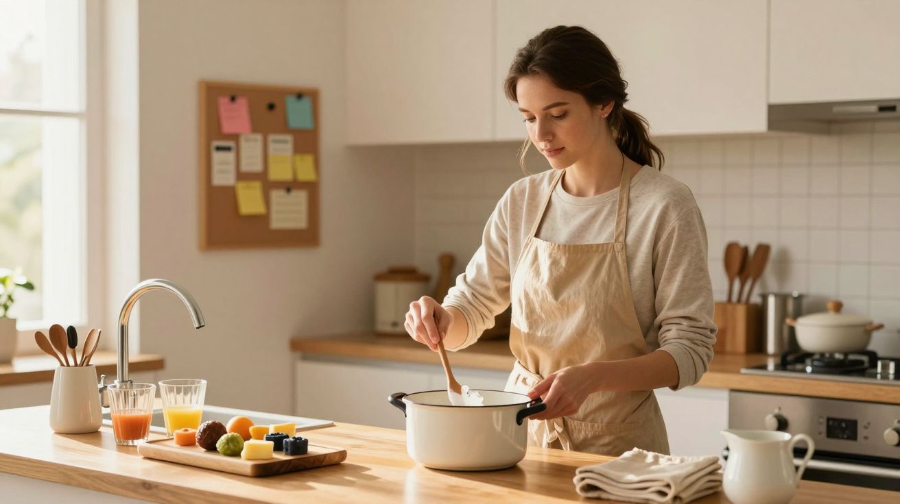 Mulher cozinhando na cozinha moderna, mexendo algo numa panela branca sobre a bancada de madeira.