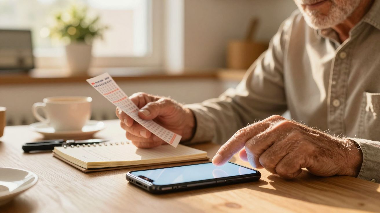 Idoso a consultar telemóvel e bilhete de lotaria numa mesa de madeira, com chávena e bloco de notas ao fundo.