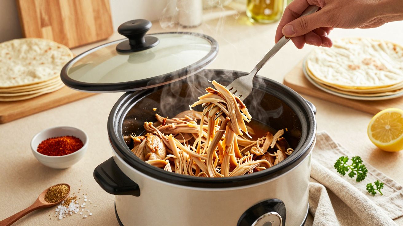 Cozido de massa e legumes numa panela elétrica com mão a servir, rodeado de especiarias e limão sobre a mesa.
