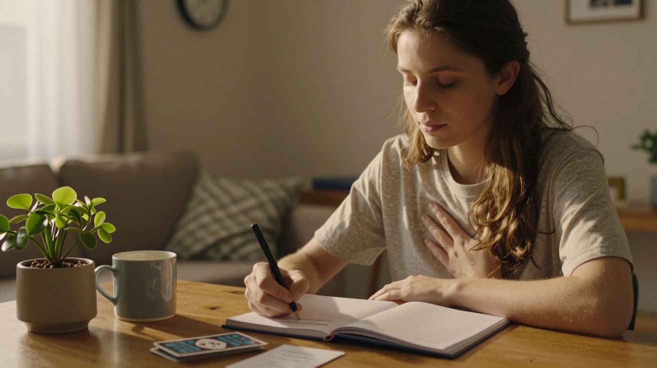 Mulher sentada numa mesa a escrever num caderno, com uma chávena e uma planta ao lado.
