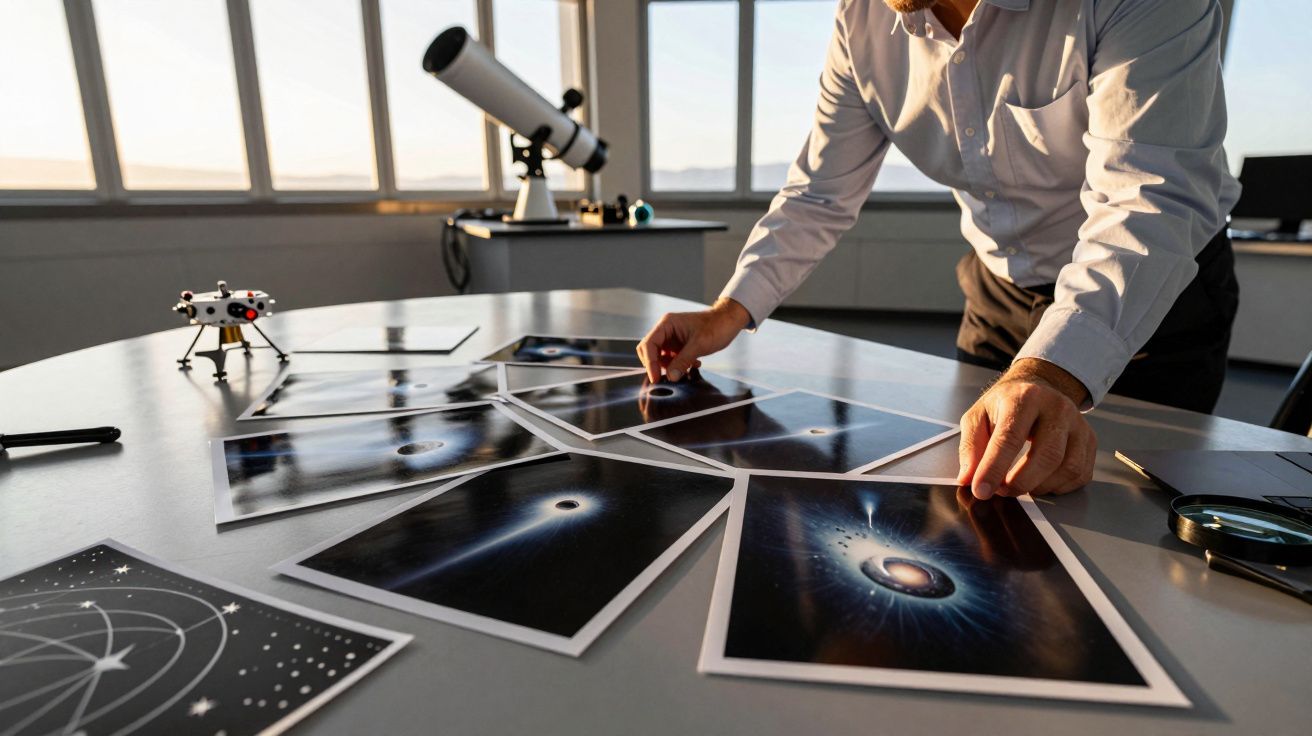 Pessoa analisando fotos de buracos negros sobre mesa, com telescópio ao fundo.