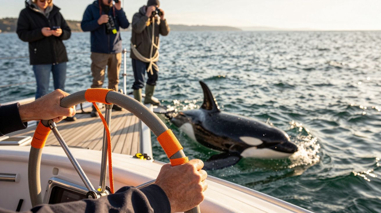 Pessoa a conduzir barco perto de uma orca na superfície do mar, com três outras pessoas a observar e fotografar.
